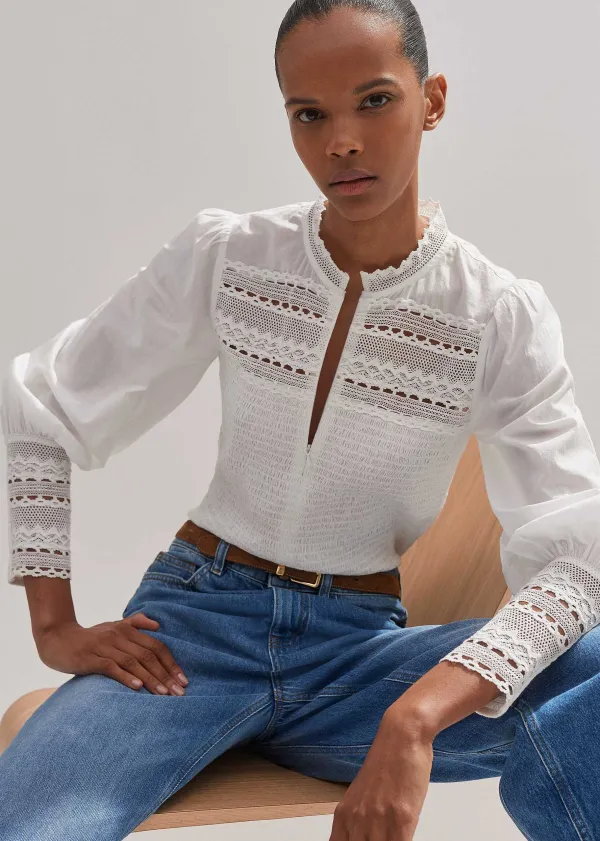 Hot ME+EM Cotton Shirred Lace Trim Top Soft White