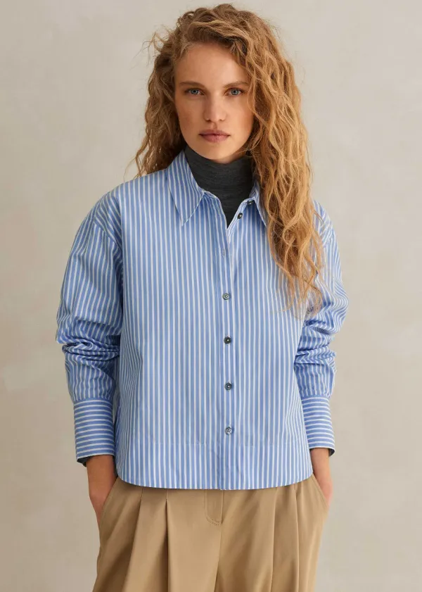 Discount ME+EM Cotton Stripe Dipped Hem Crop Shirt Pale Blue/White