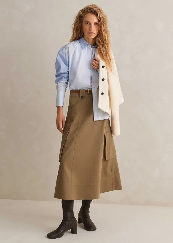 Clearance ME+EM Cotton Utility Midi Skirt Tan