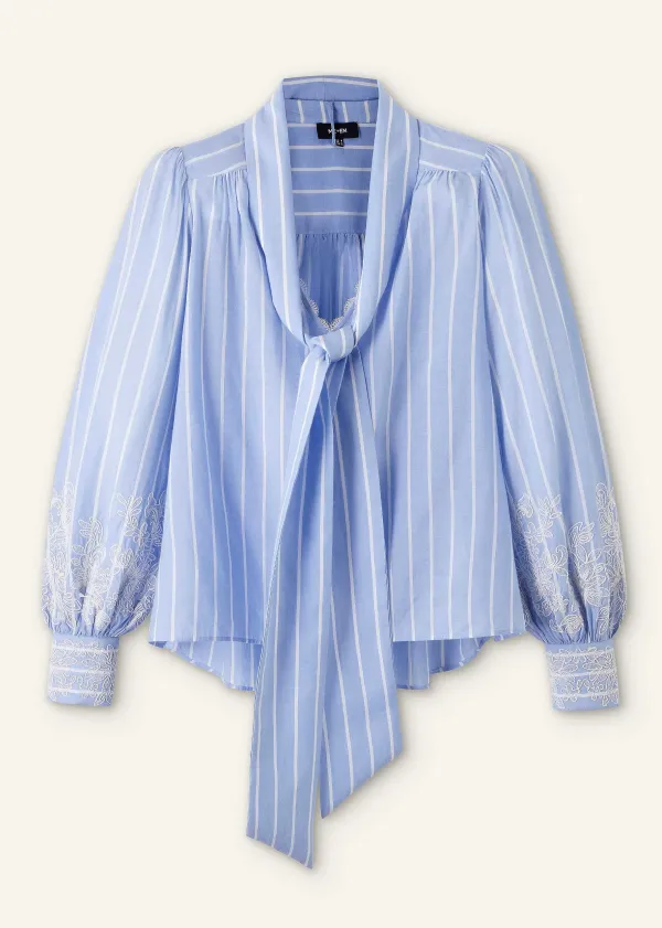 ME+EM Cotton Voile Lace Embroidered Top + Tie Pale Blue/White