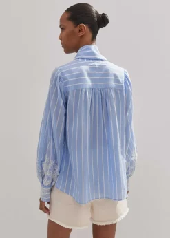 ME+EM Cotton Voile Lace Embroidered Top + Tie Pale Blue/White