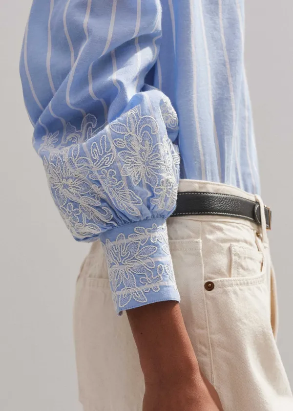 ME+EM Cotton Voile Lace Embroidered Top + Tie Pale Blue/White