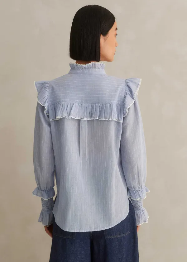 ME+EM Cotton Voile Stripe Long Sleeve Top Cream/Blue