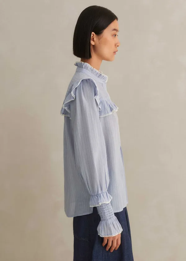 ME+EM Cotton Voile Stripe Long Sleeve Top Cream/Blue