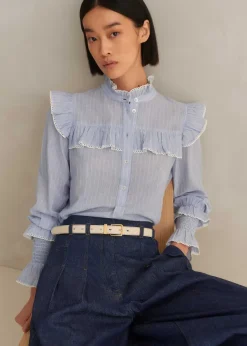 ME+EM Cotton Voile Stripe Long Sleeve Top Cream/Blue