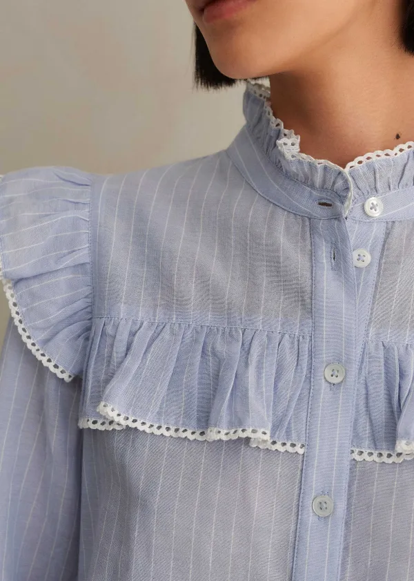 ME+EM Cotton Voile Stripe Long Sleeve Top Cream/Blue