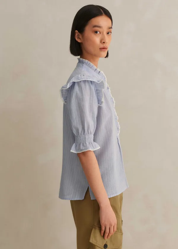 Hot ME+EM Cotton Voile Stripe Short Sleeve Top Cream/Blue