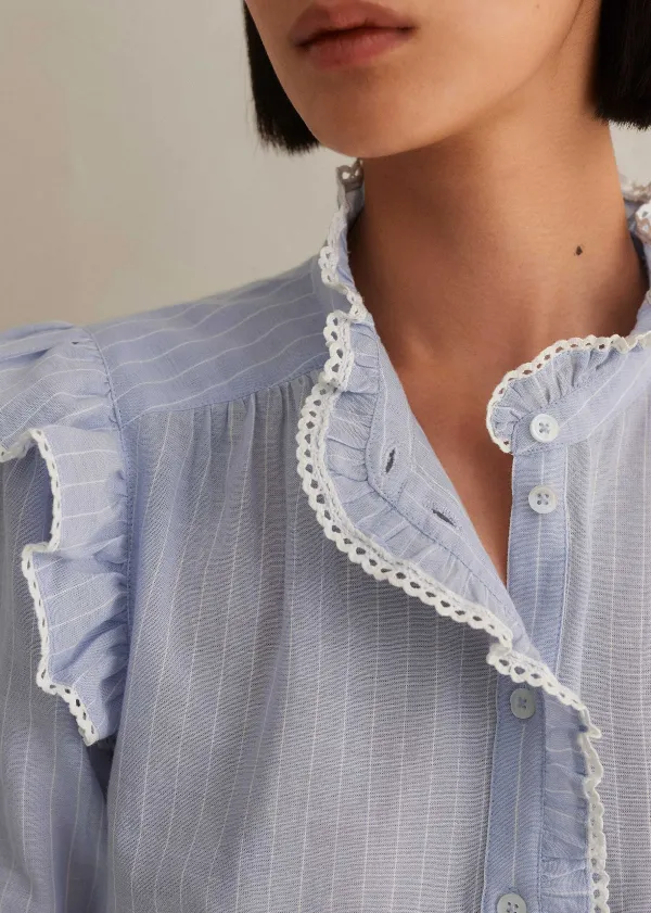 Hot ME+EM Cotton Voile Stripe Short Sleeve Top Cream/Blue