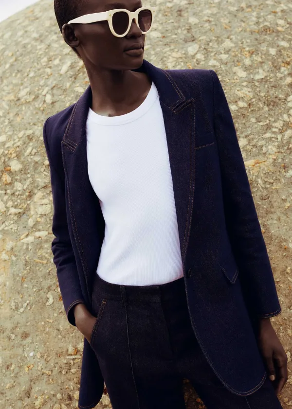 ME+EM Cotton-Blend Denim Kick-Flare Trouser Suit Blue