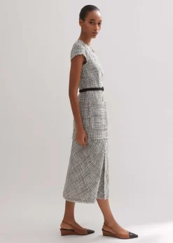 New ME+EM Cotton-Blend Fringe Trim Midi Dress Black/White
