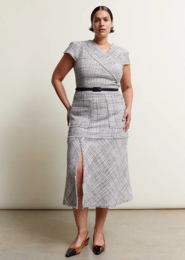 New ME+EM Cotton-Blend Fringe Trim Midi Dress Black/White