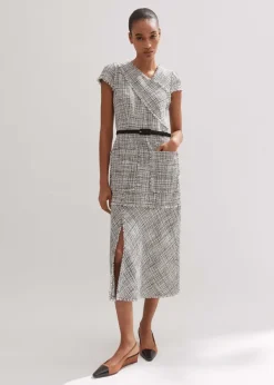 New ME+EM Cotton-Blend Fringe Trim Midi Dress Black/White