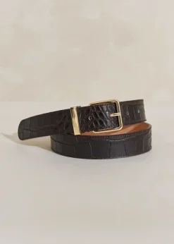 Hot ME+EM Croc-Embossed Leather Belt Chocolate