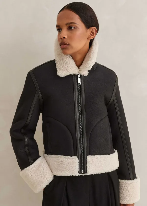 Clearance ME+EM Crop Aviator Jacket Black/Cream