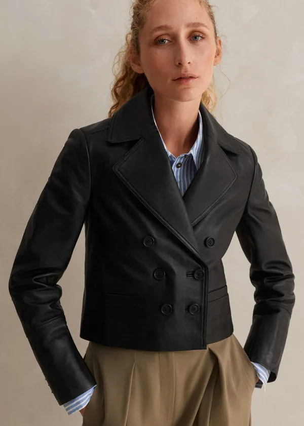 Clearance ME+EM Cropped Leather Military Jacket Black