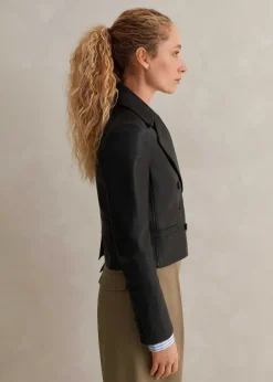 Clearance ME+EM Cropped Leather Military Jacket Black