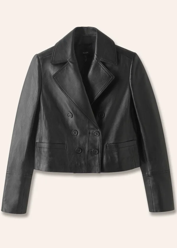 Clearance ME+EM Cropped Leather Military Jacket Black