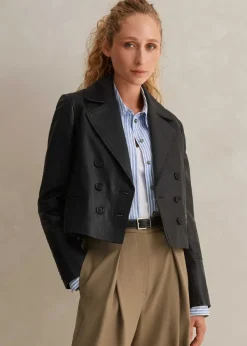 Clearance ME+EM Cropped Leather Military Jacket Black