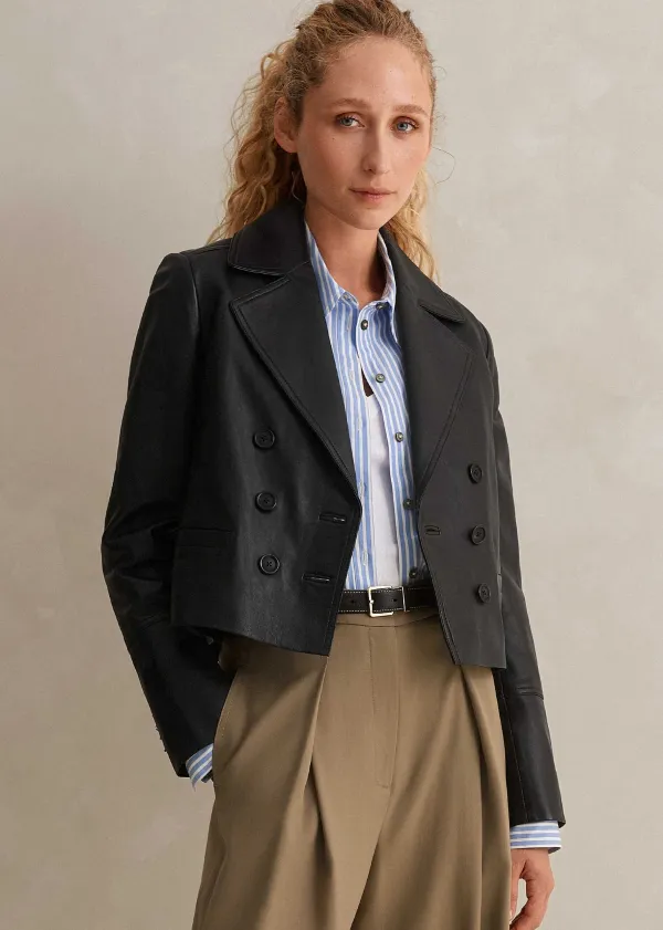 Clearance ME+EM Cropped Leather Military Jacket Black