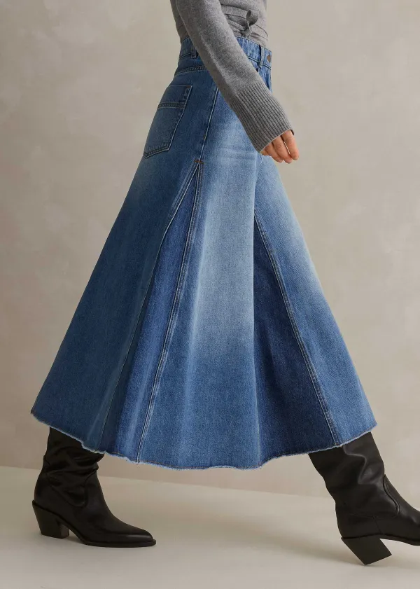 New ME+EM Denim Insert Midi Skirt Light/Dark Wash