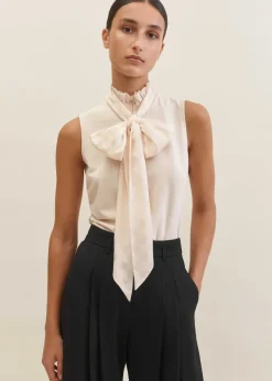 New ME+EM Dot Jacquard Pussybow Layering Tank Cream