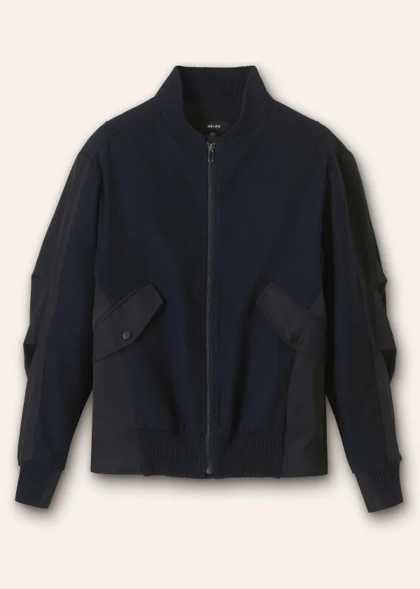 New ME+EM Flannel Mix Deconstructed Bomber Jacket Navy