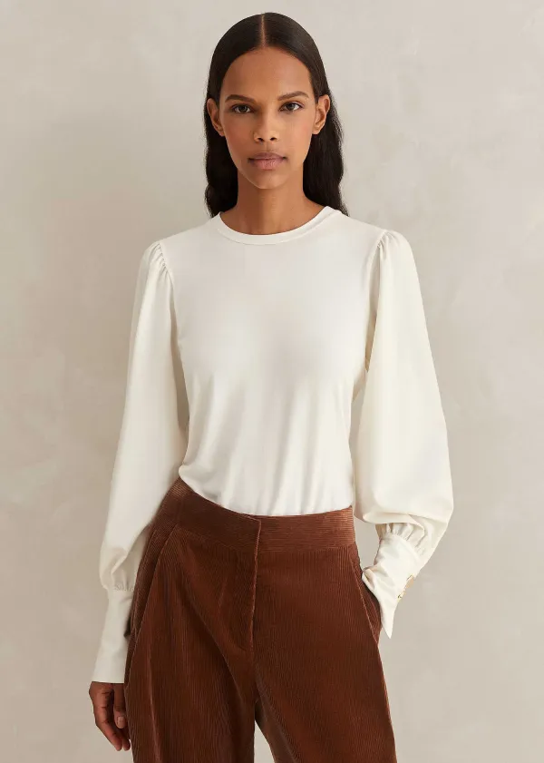 New ME+EM Fluid Satin Crew Neck Layering Blouse Cream