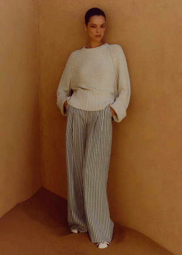 Online ME+EM Fluid Stripe Straight-Leg Trouser Khaki/Cream