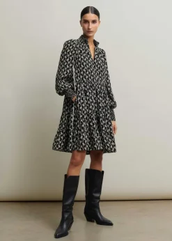 New ME+EM Ginko Leaf Print Short Swing Dress + Belt Black/Brown/Cream