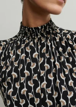 New ME+EM Ginko Leaf Print Short Swing Dress + Belt Black/Brown/Cream