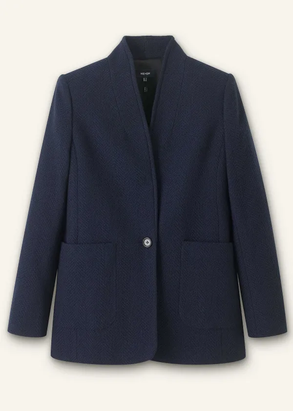 ME+EM Herringbone Deconstructed Cardigan Blazer Dark Navy