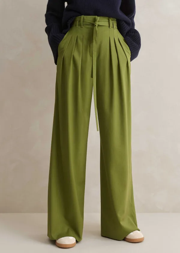 ME+EM High-Waisted Multi Pleat Trouser + Belt Bright Olive Moulin