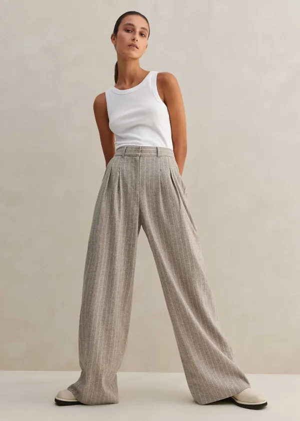 Clearance ME+EM Italian Pinstripe Wide-Leg Trouser Pale Grey/Chalk
