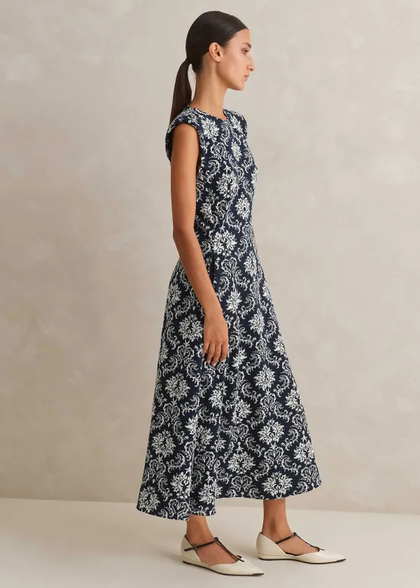 New ME+EM Jacquard Jersey Midi Dress Navy/Soft White