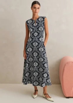 New ME+EM Jacquard Jersey Midi Dress Navy/Soft White
