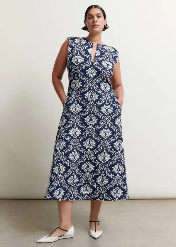 New ME+EM Jacquard Jersey Midi Dress Navy/Soft White