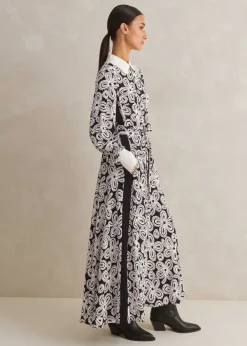 Clearance ME+EM Lace Flower Print Shirt Maxi Dress + Belt Black/Pink/Cream