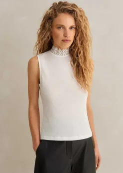 Discount ME+EM Lace Trim Crew Neck Layering Tank Soft White
