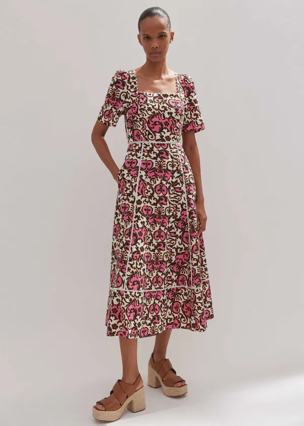 Best ME+EM Linen-Blend Baroque Print Midi Dress Light Cream/Black/Pink