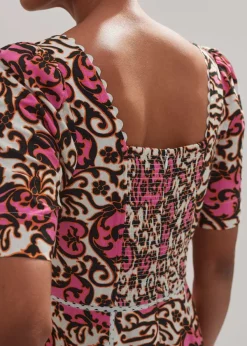 Best ME+EM Linen-Blend Baroque Print Midi Dress Light Cream/Black/Pink