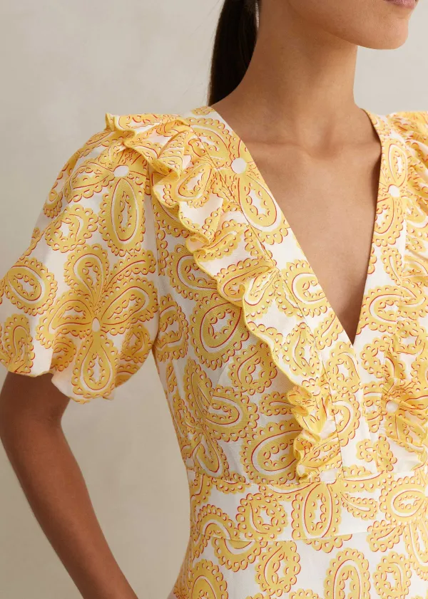 Best ME+EM Linen-Blend Lace Print Midi Dress Light Cream/Yellow/Red