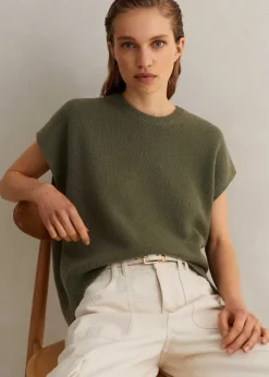 New ME+EM Lofty Cashmere Relaxed Curved Hem Vest Light Khaki