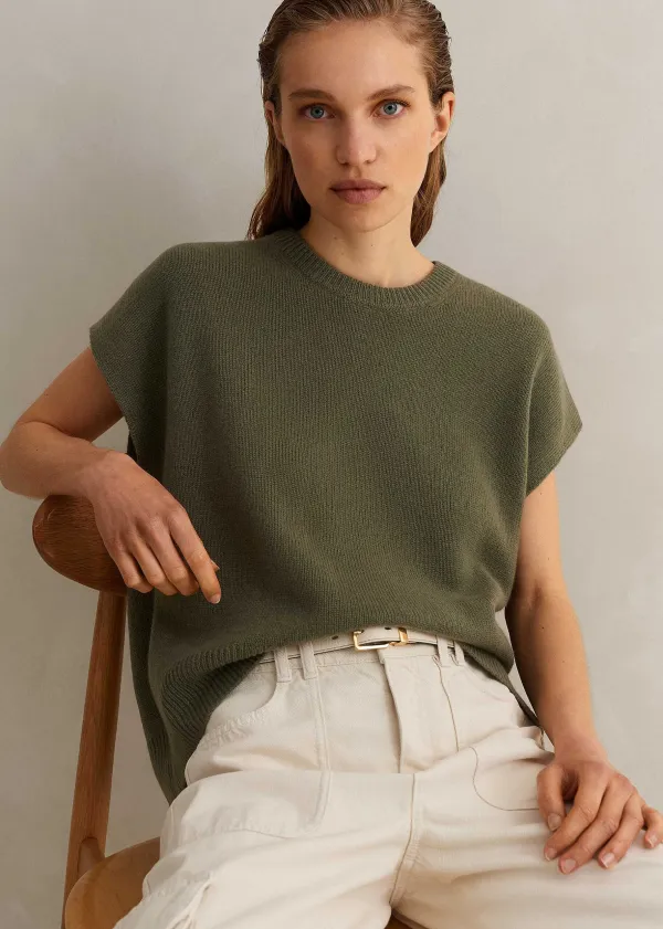 New ME+EM Lofty Cashmere Relaxed Curved Hem Vest Light Khaki
