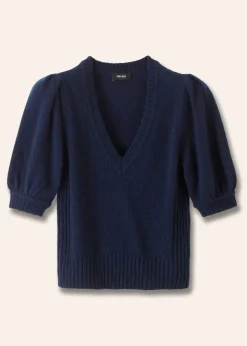 ME+EM Lofty Wool Cashmere Silk V Neck Pouf Sleeve Tee Ink Blue