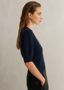 ME+EM Lofty Wool Cashmere Silk V Neck Pouf Sleeve Tee Ink Blue