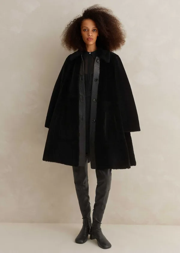 Outlet ME+EM Luxe Shearling Leather Mix Swing Coat Black