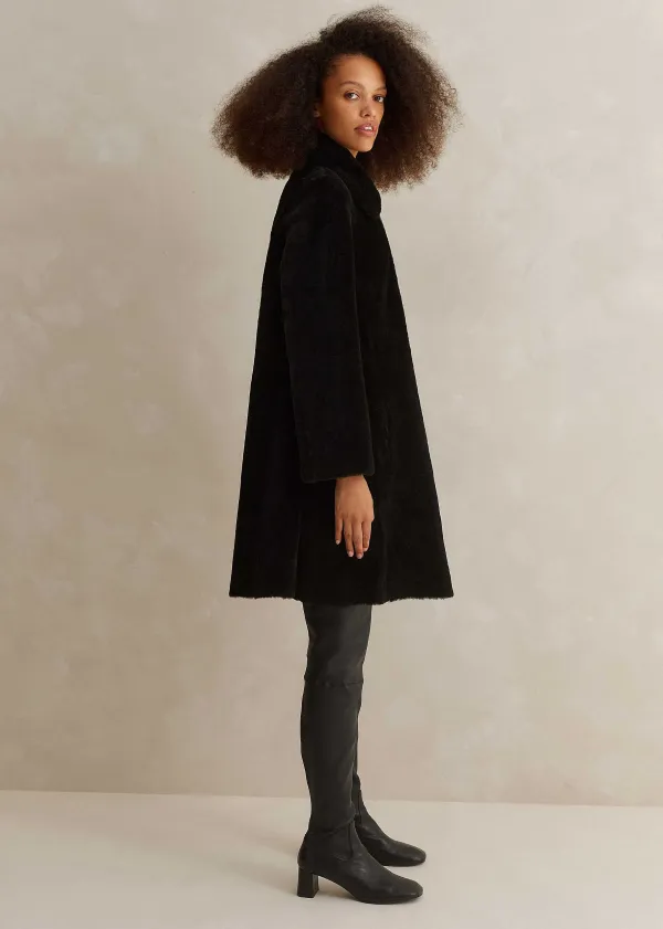 Outlet ME+EM Luxe Shearling Leather Mix Swing Coat Black