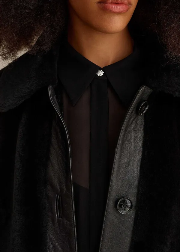 Outlet ME+EM Luxe Shearling Leather Mix Swing Coat Black