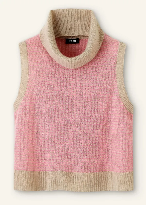 Hot ME+EM Merino Cashmere Silk Lace Stitch Vest + Snood Oatmeal M Lange/Perfect Pink