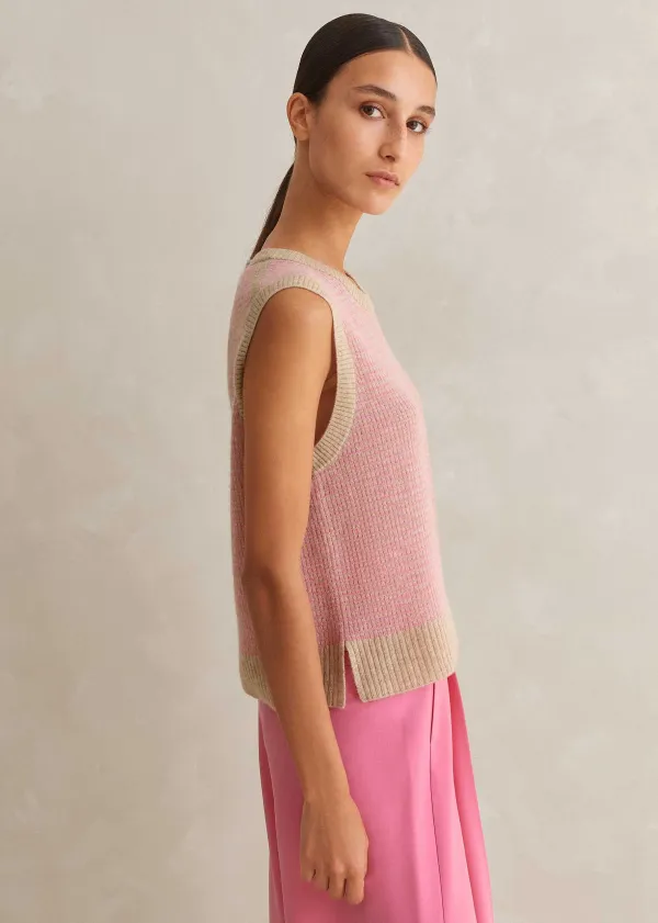 Hot ME+EM Merino Cashmere Silk Lace Stitch Vest + Snood Oatmeal M Lange/Perfect Pink